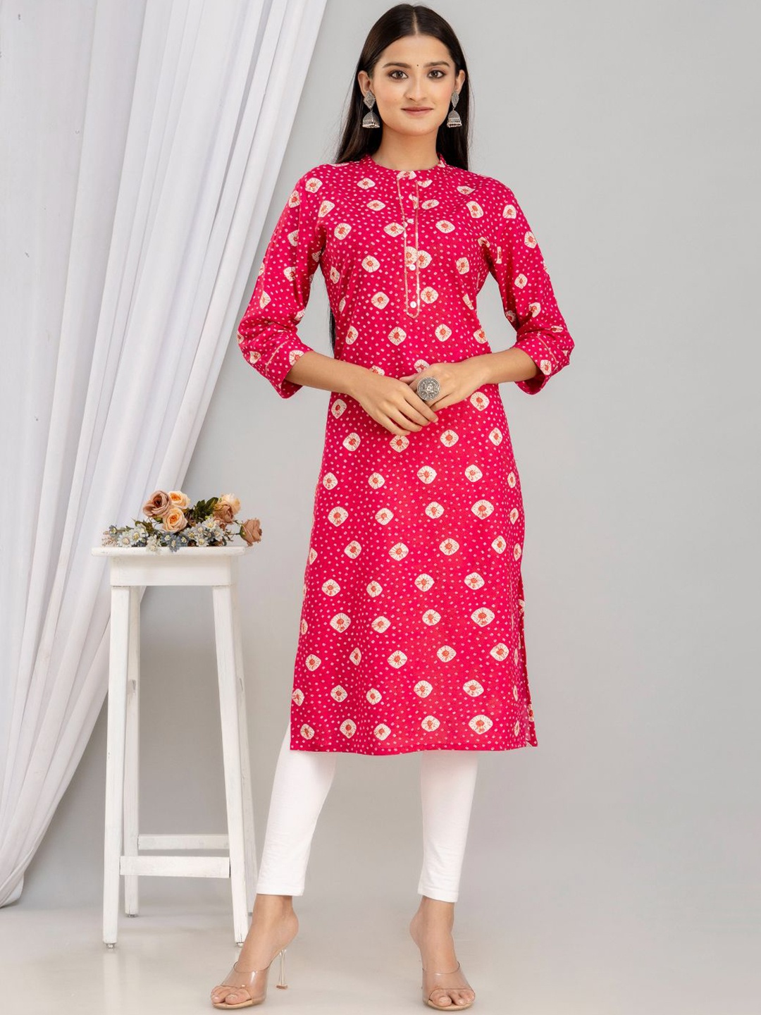 

KALINI Mandarin Collar Ethnic Motifs Printed Straight Kurta, Pink