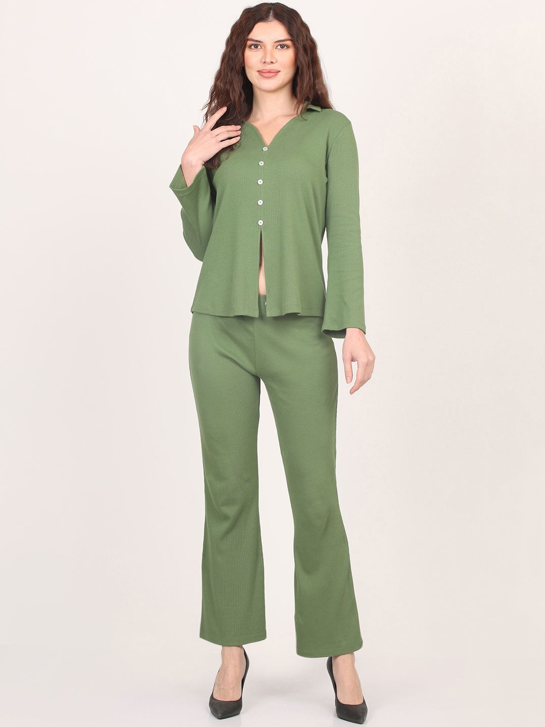 

Nimble Shirt Collar Pure Cotton Top & Trousers, Green