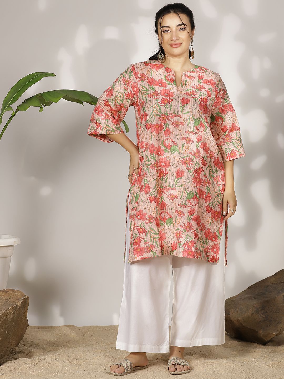 

LetsDressUp Floral Printed Notch Neck Sequinned Cotton Straight Kurta, Pink