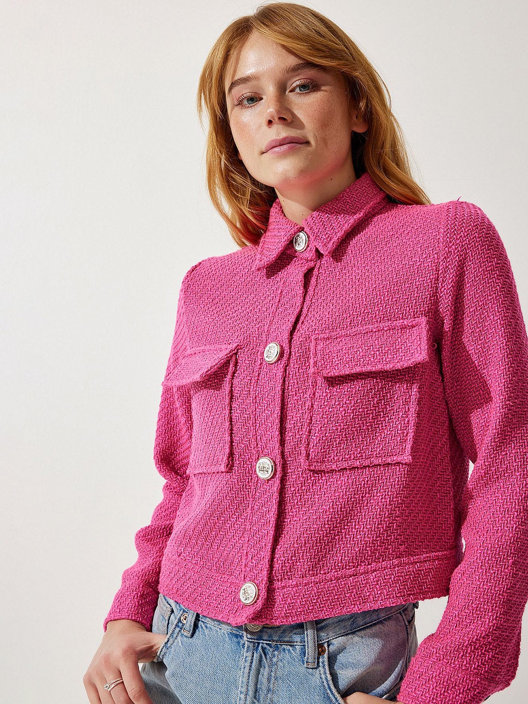 

Happiness istanbul Women Spread Collar Solid Crop Jacket, Pink