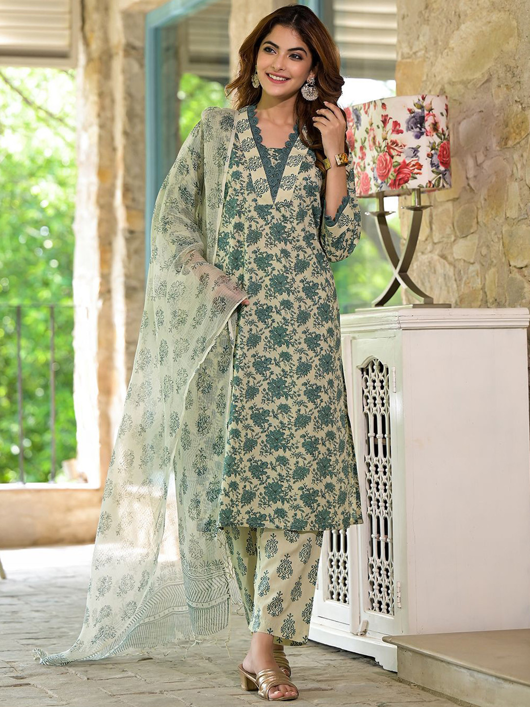 

KALINI Floral Printed Pure Cotton Straight Kurta With Trousers & Dupatta, Green