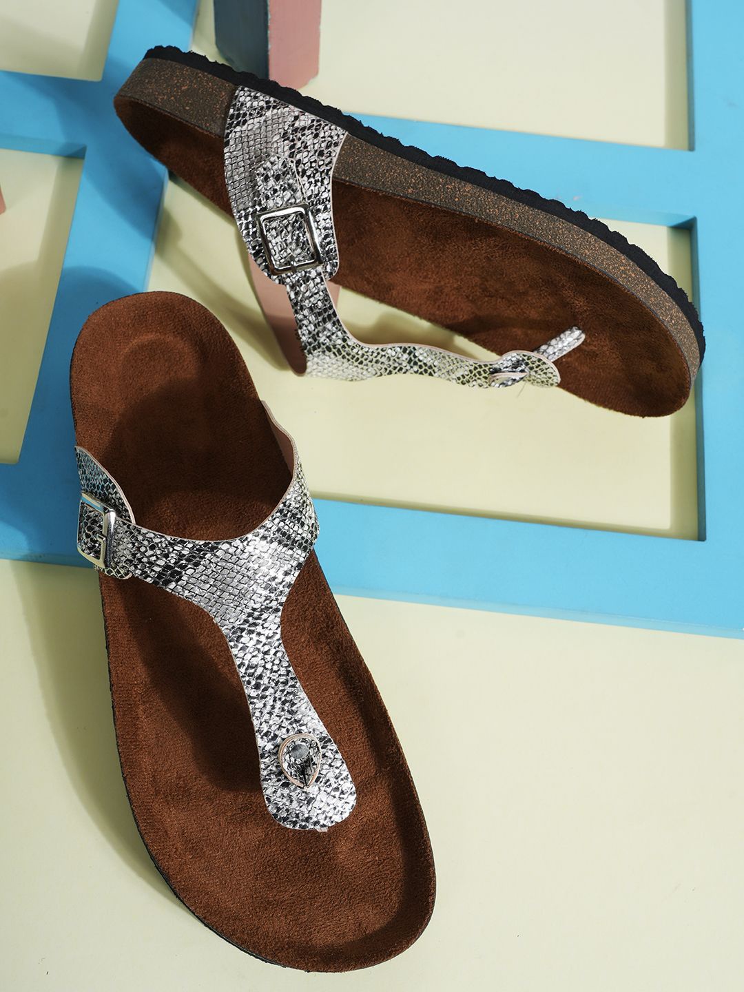 

MOZAFIA Women Printed T-Strap Flats, Silver