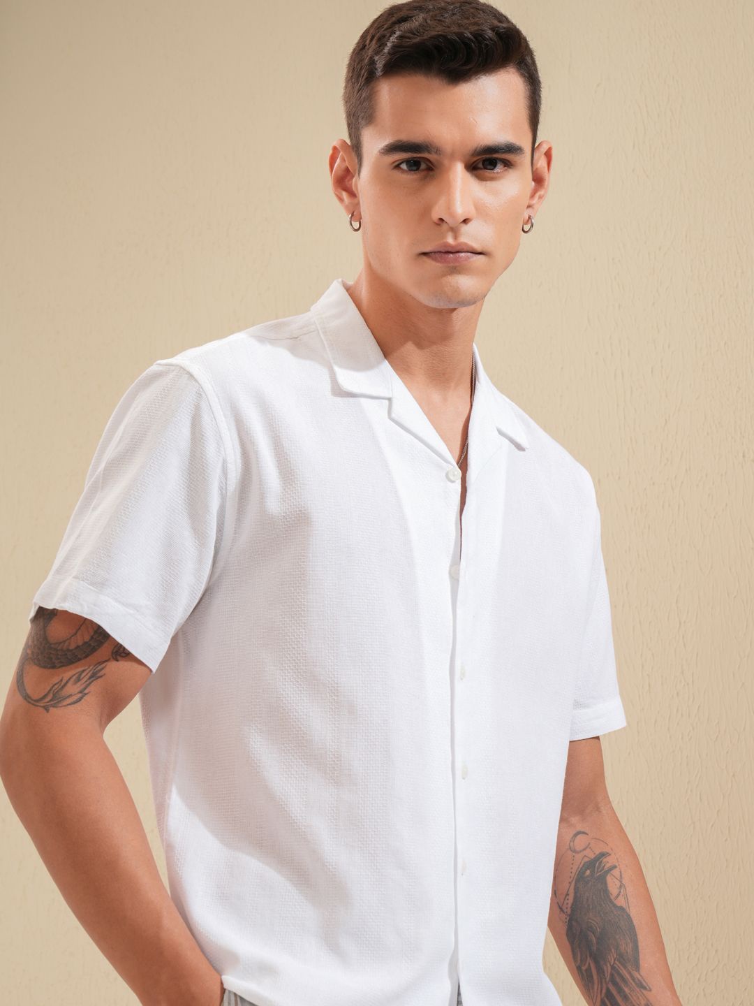 

Highlander Men Dobby Textured Solid Cuban Collar Relaxed Shirt, White