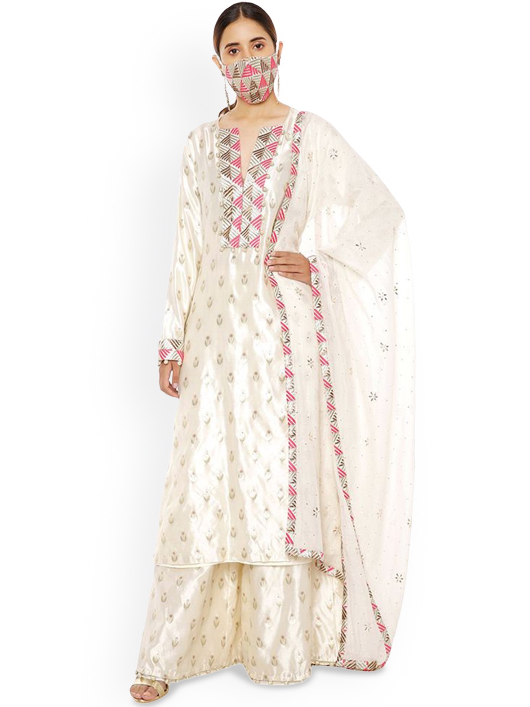 

Payal Singhal Floral Embroidered Kurta With Palazzos & Dupatta, Cream