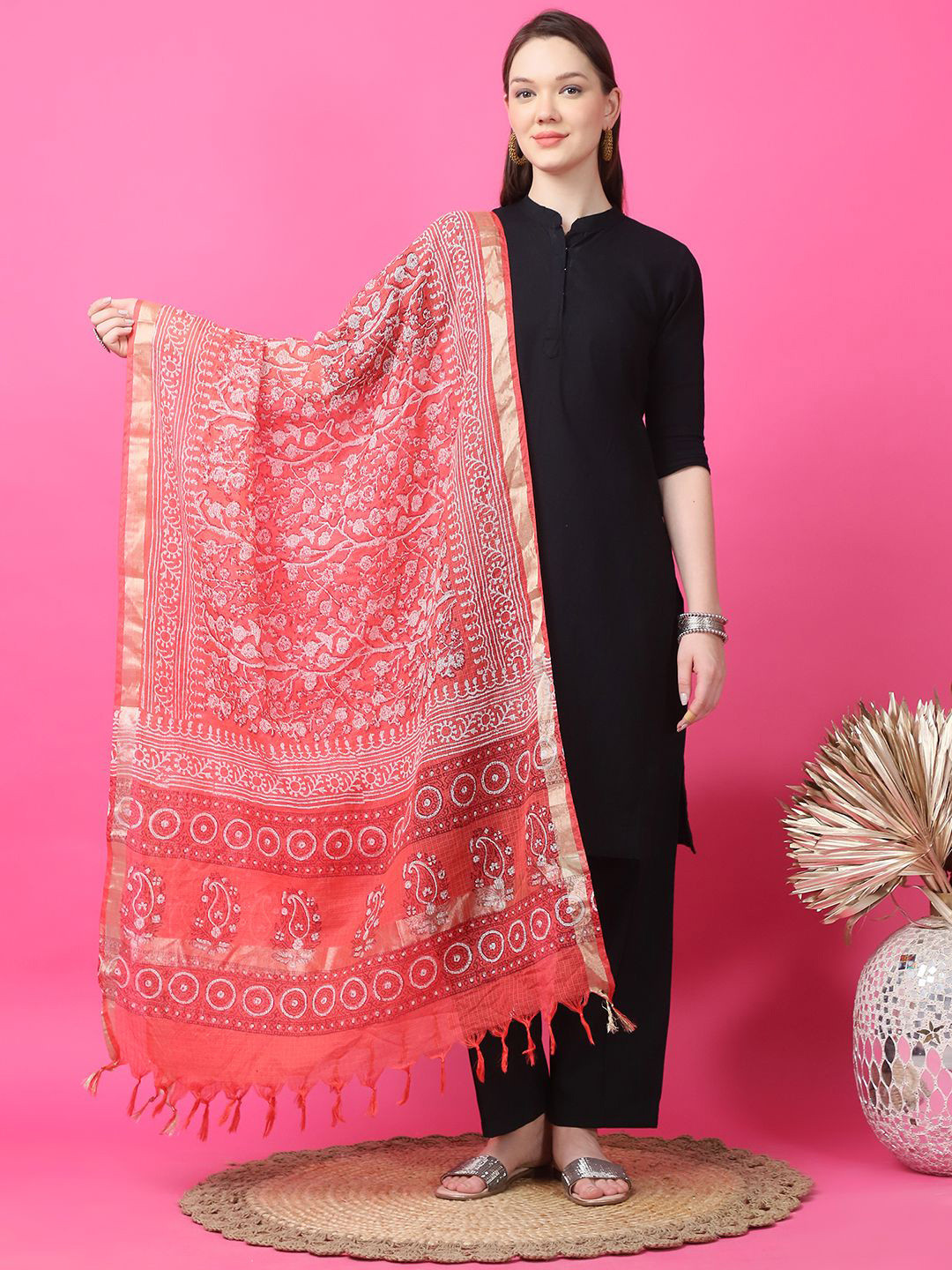 

LOOM LEGACY Ethnic Motifs Printed Cotton Silk Dupatta, Orange