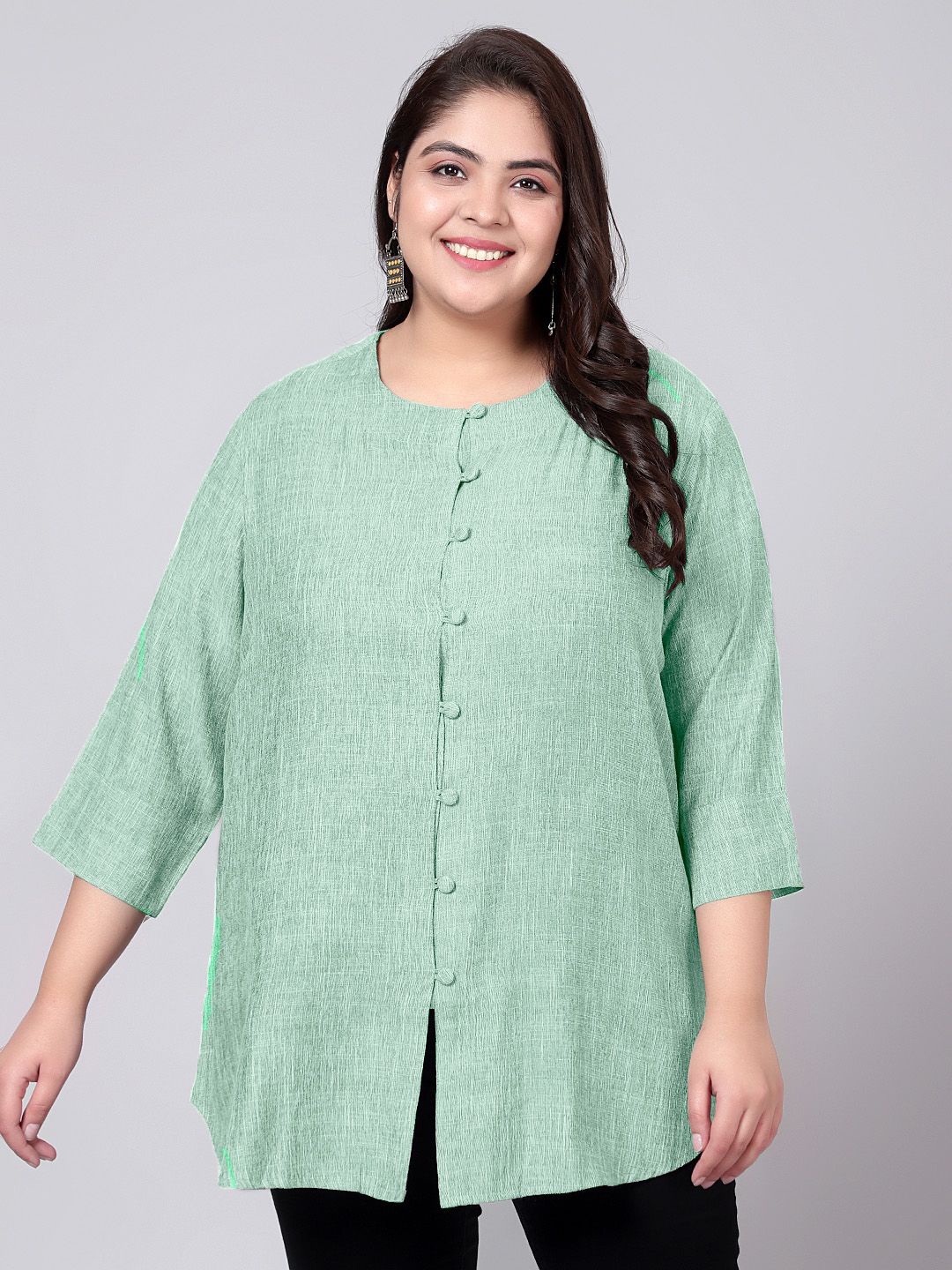 

Indietoga Women Plus Size Solid Round Neck Cotton Top, Green