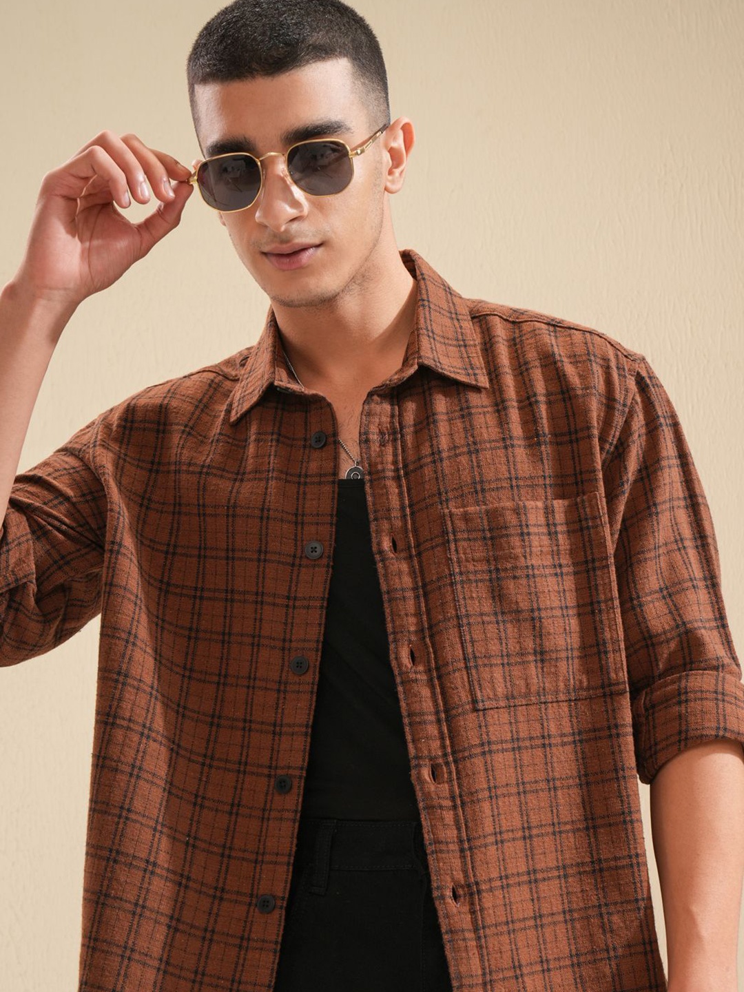 

Highlander Men Textured Dobby Oversized Shirt, Brown