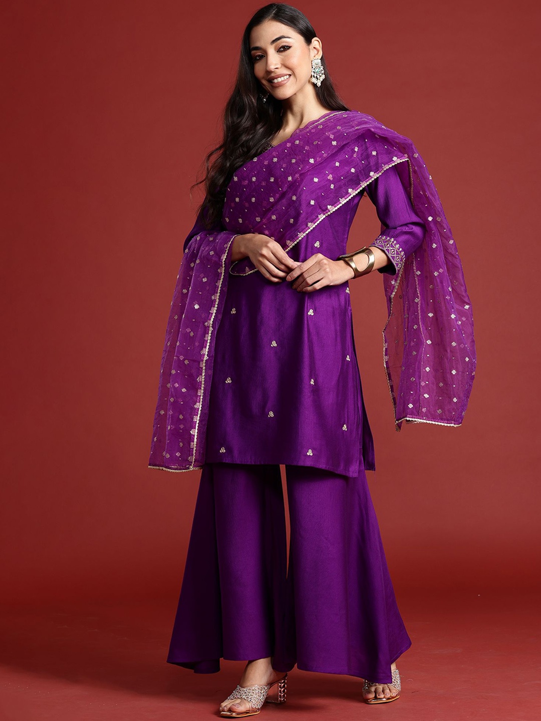 

Anouk Women Ethnic Motifs Embroidered Regular Liva Kurta with Sharara & With Dupatta, Purple