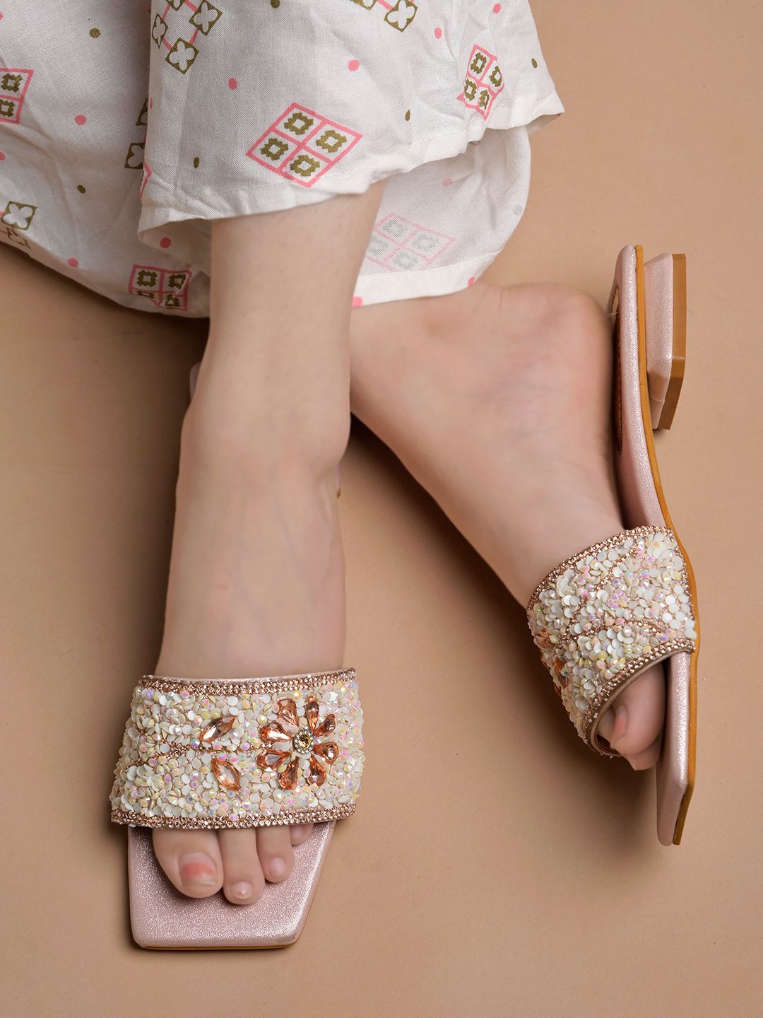 

Shoetopia Women Embellished Open Toe Flats, Gold