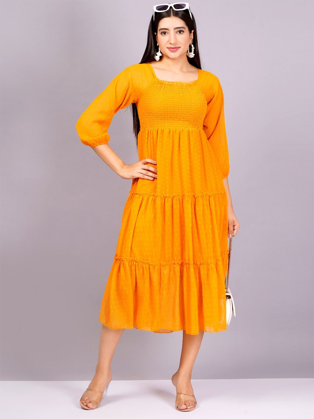 

KALINI Puff Sleeve Georgette Empire Midi Dress, Orange