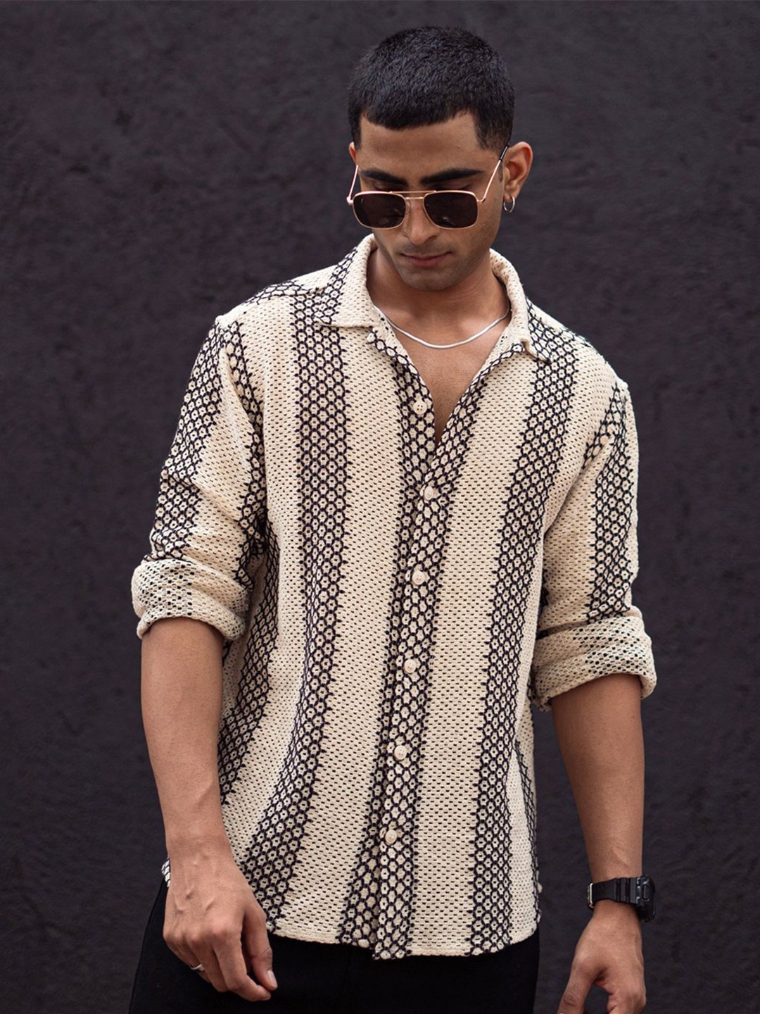 

Powerlook Men Geometric Printed Spread Collar India Slim Casual Shirt, Off white