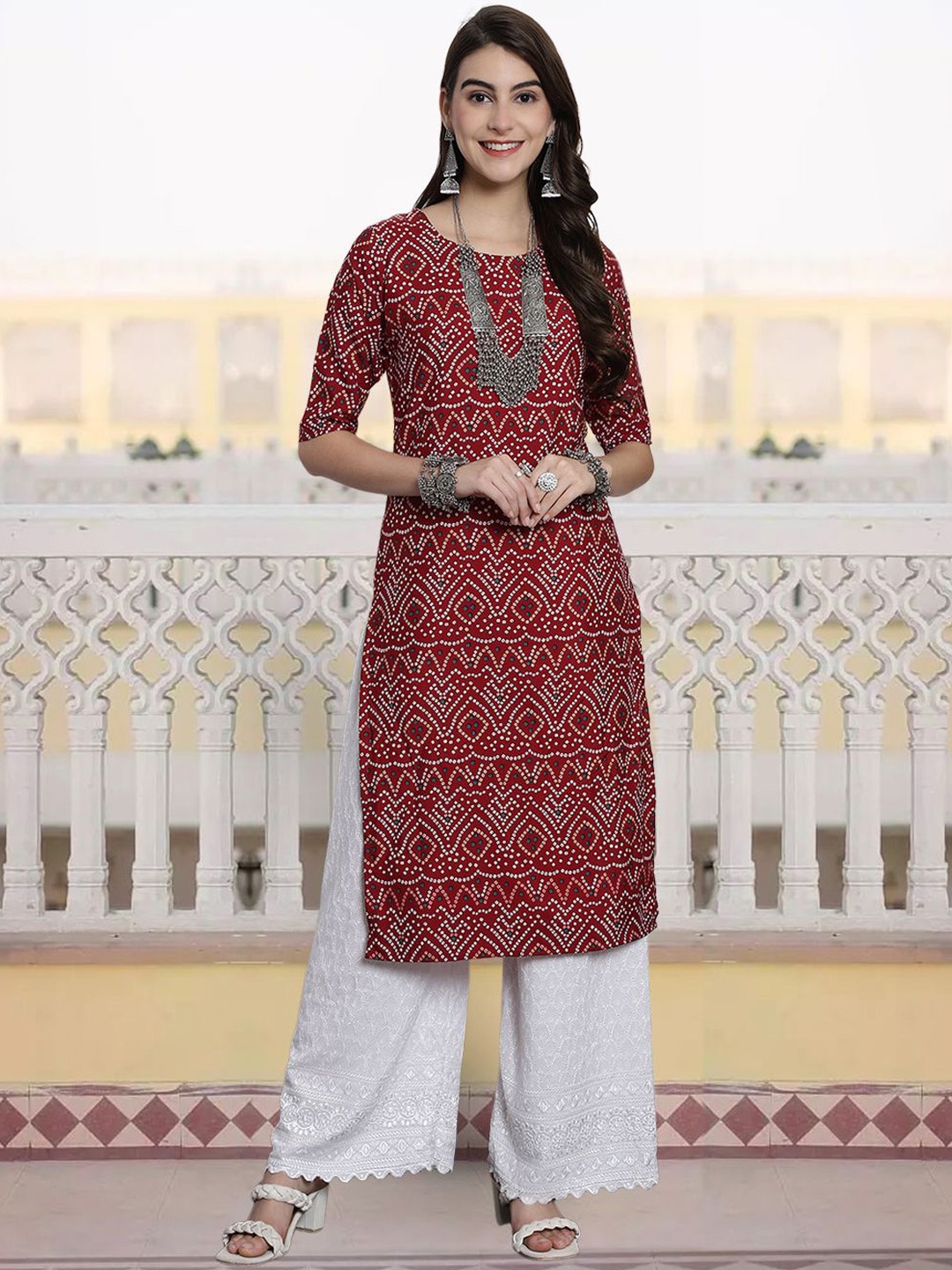 

KALINI Bandhani Printed Round Neck Crepe Straight Kurta, Maroon