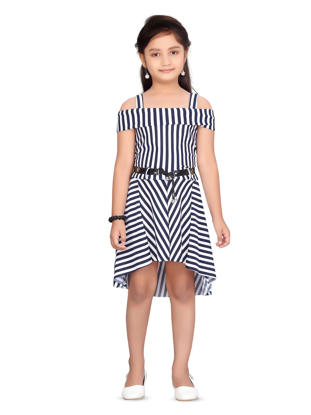 

BAESD Girls Striped Cold-Shoulder A-Line Dress, Navy blue