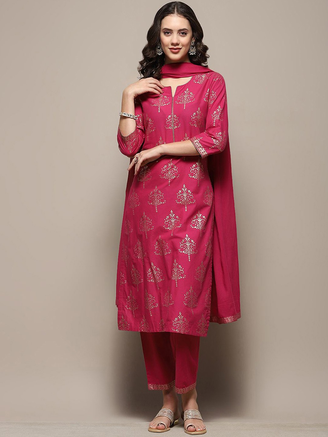 

Biba Ethnic Motifs Printed Notcehd Neck Pure Cotton Straight Kurta With Trousers & Dupatta, Magenta