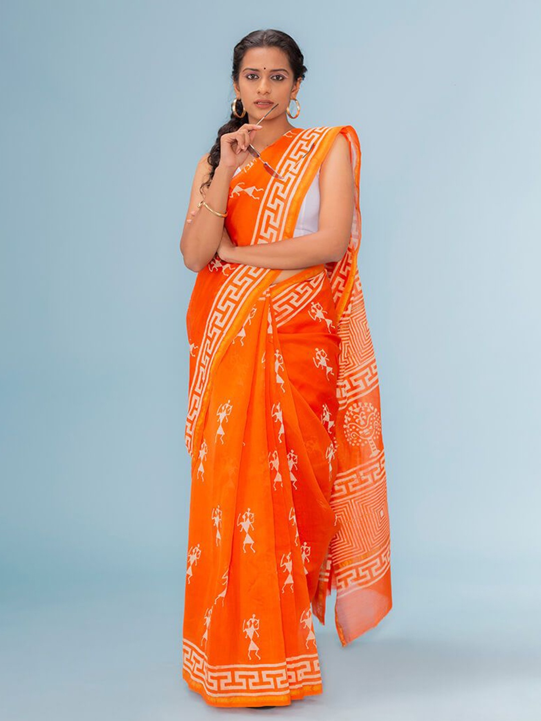 

Moora Printed Zari Warli Pure Cotton Bagru Saree, Orange