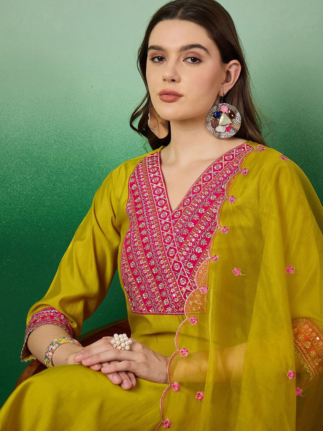 

Sangria Embroidered Kurta With Trouser & Dupatta, Yellow