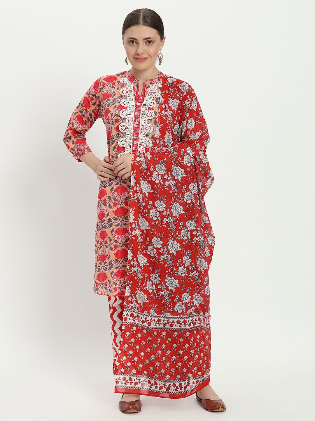 

FABNEST Floral Printed Regular Pure Cotton Kurta with Trousers & Dupatta, Red