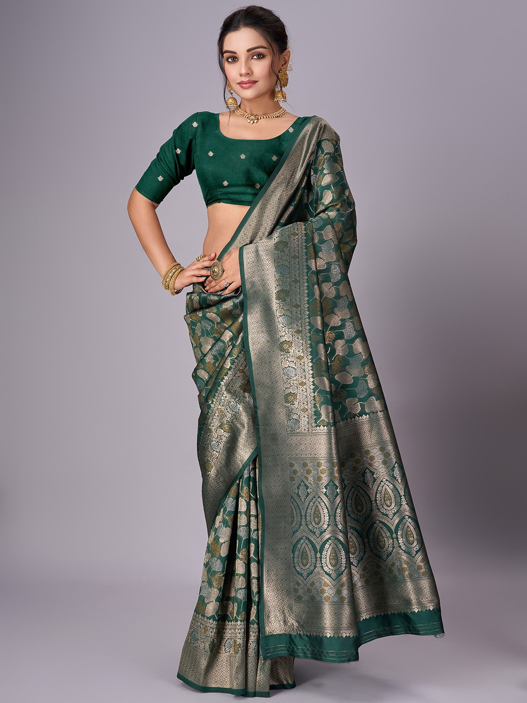 

SANJANA SILK Floral Zari Jute Silk Kanjeevaram Saree, Green