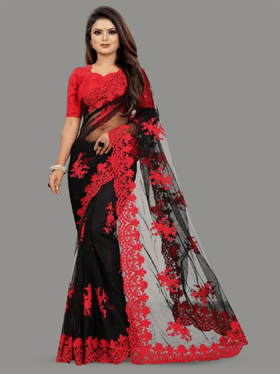 

APNISHA Ethnic Motifs Embroidered Net Saree, Red