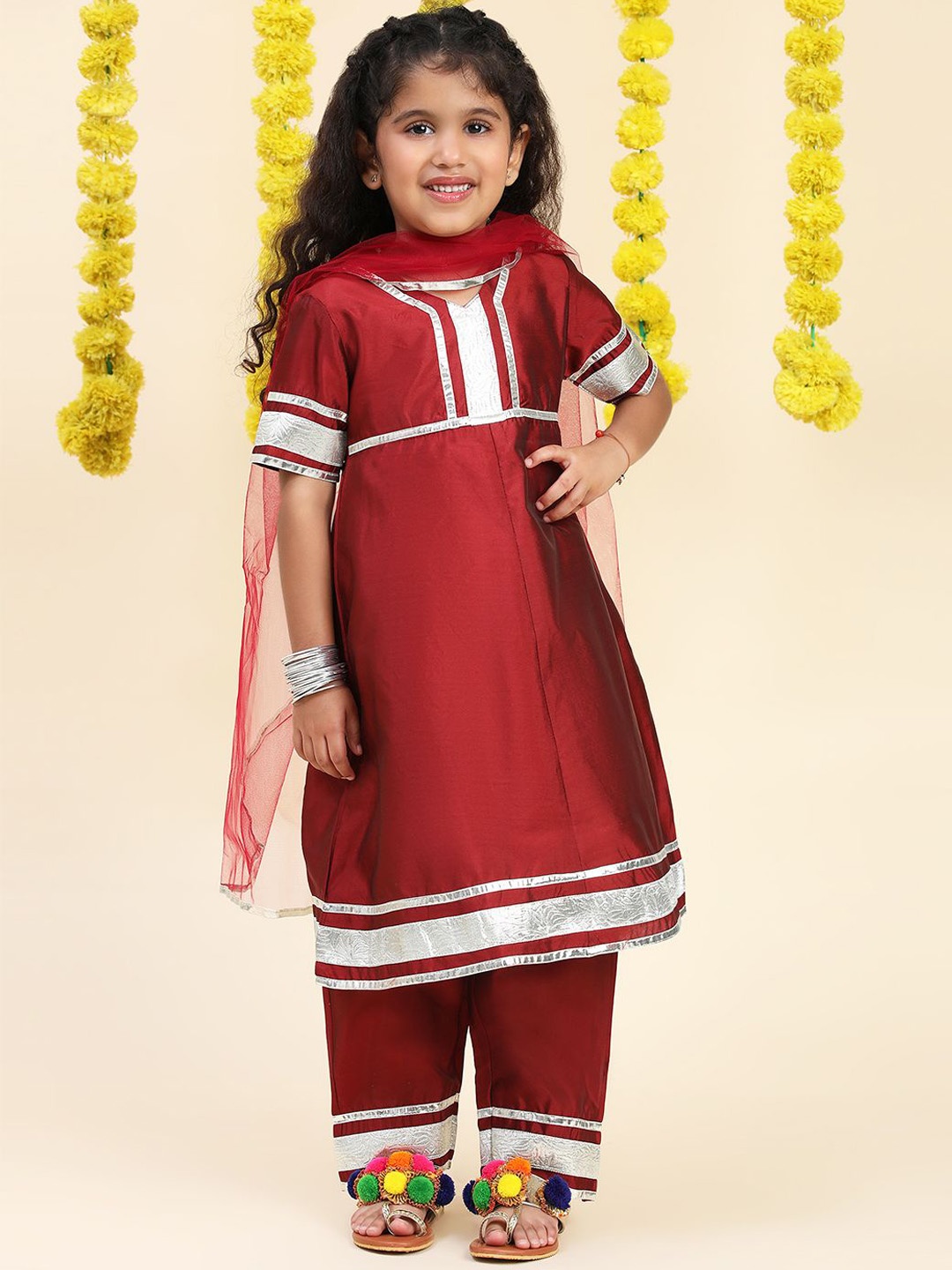 

Cutiekins Girls A-Line Gotta Patti Silk Kurta with Trousers & Dupatta, Maroon