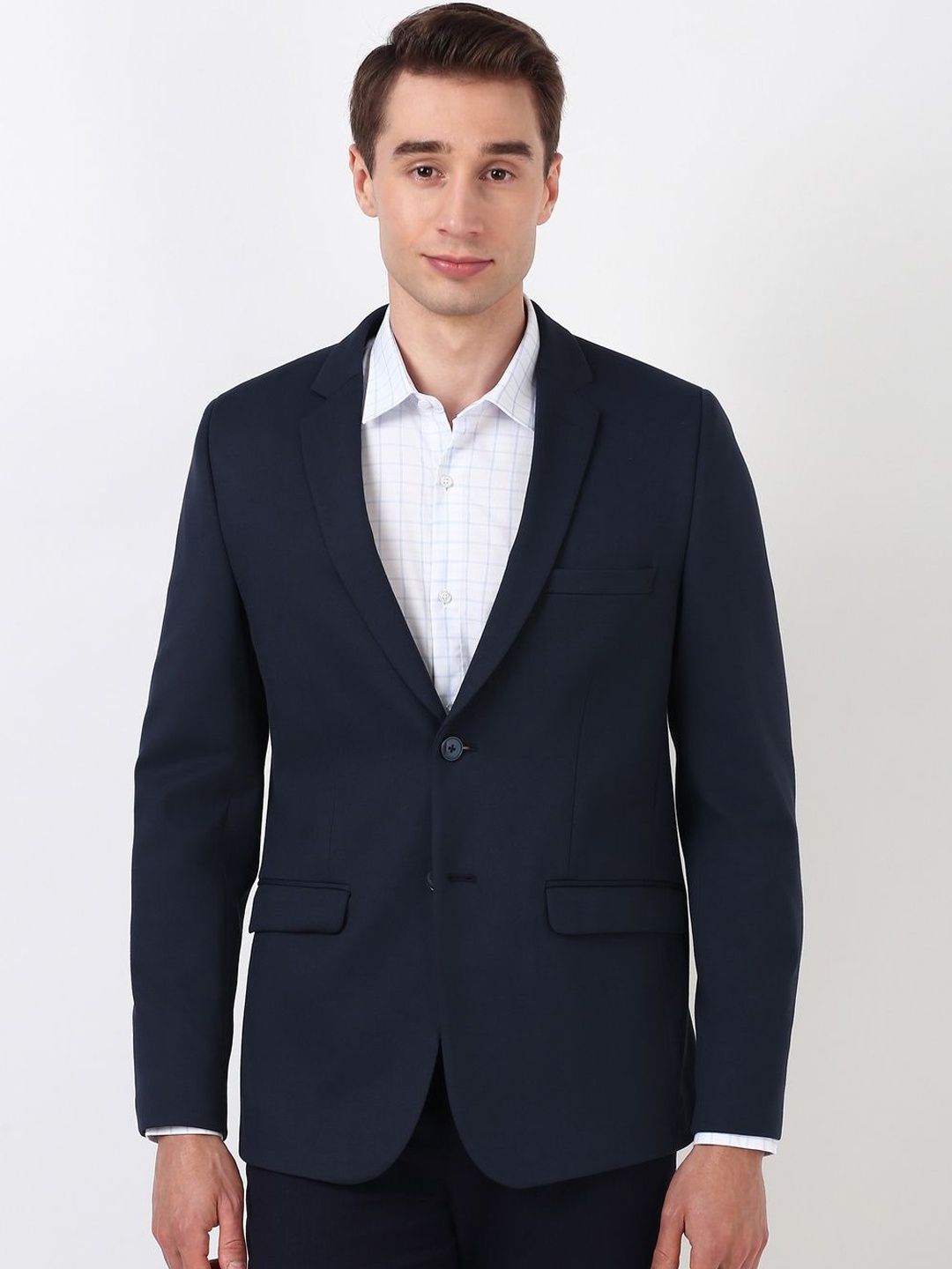 

Peter England Elite Self Design Slim-Fit Single-Breasted Blazer, Navy blue