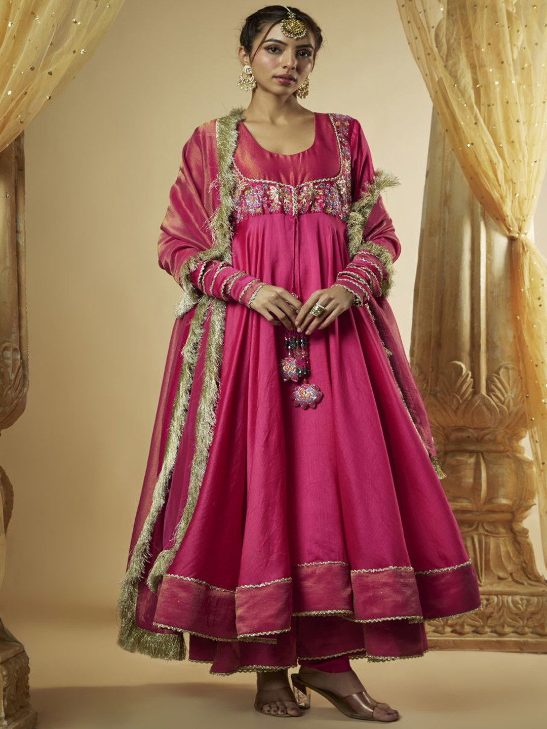 

The Aarya Floral Embroidered Empire Zardozi Anarkali Kurta with Churidar & Dupatta, Pink