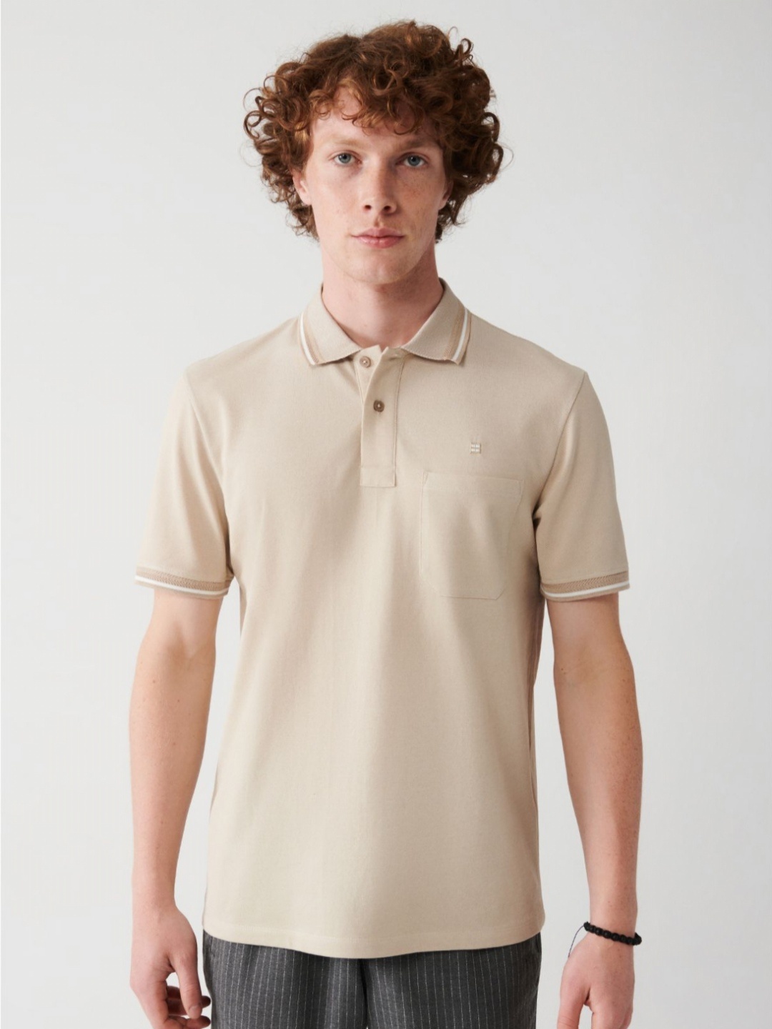 

AVVA Men Solid Polo Collar Cotton T-Shirt, Beige