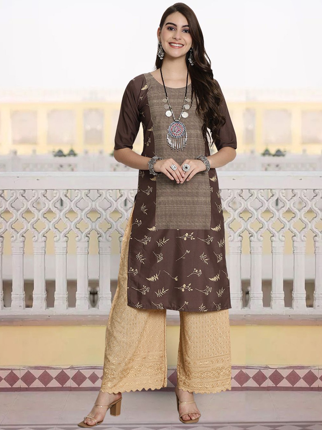 

KALINI Floral Printed Round Neck Straight Kurta, Brown
