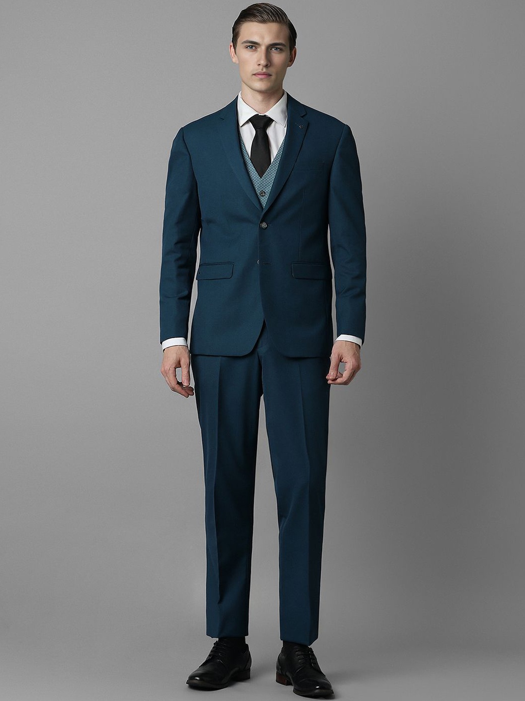 

Louis Philippe Men Checked Slim-Fit Single-Breasted Three-Piece Formal Suits, Navy blue