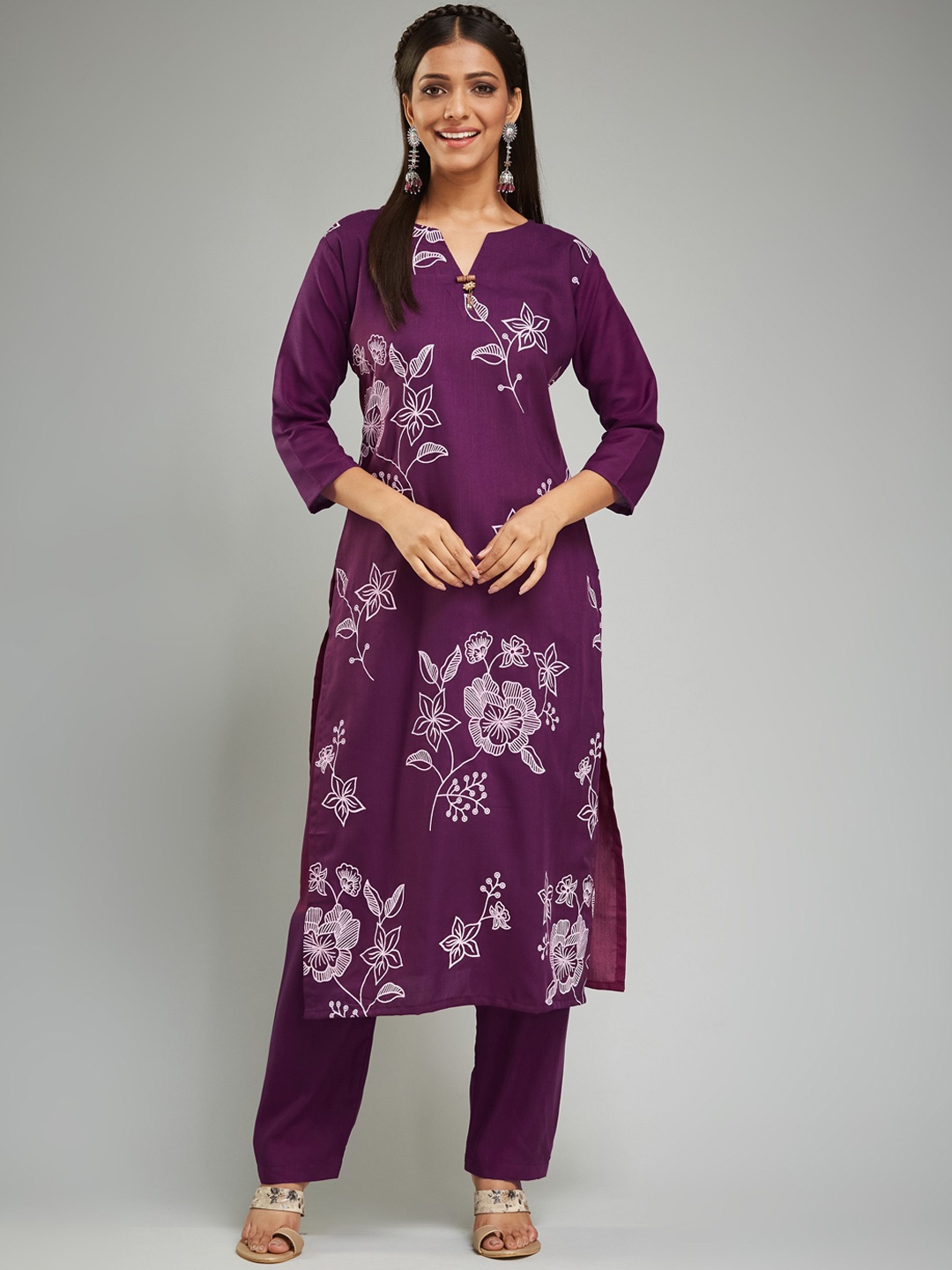 

KALINI Floral Printed Notch Neck Straight Kurta with Trousers, Magenta