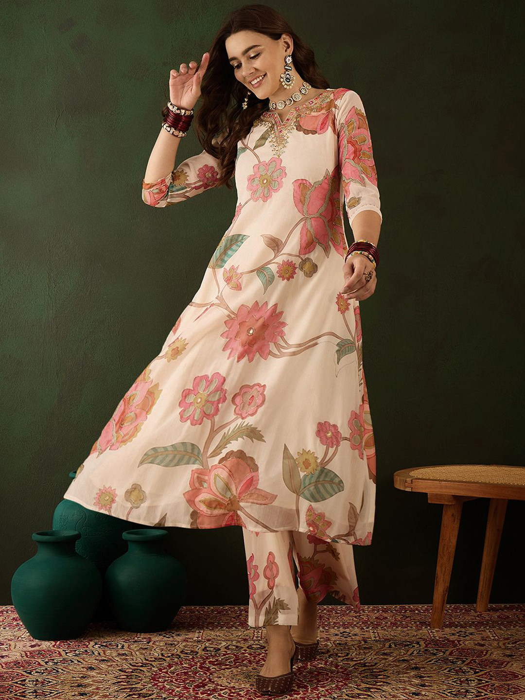 

Sangria Floral Embroidered Mirror Work Kurta with Palazzos, Cream