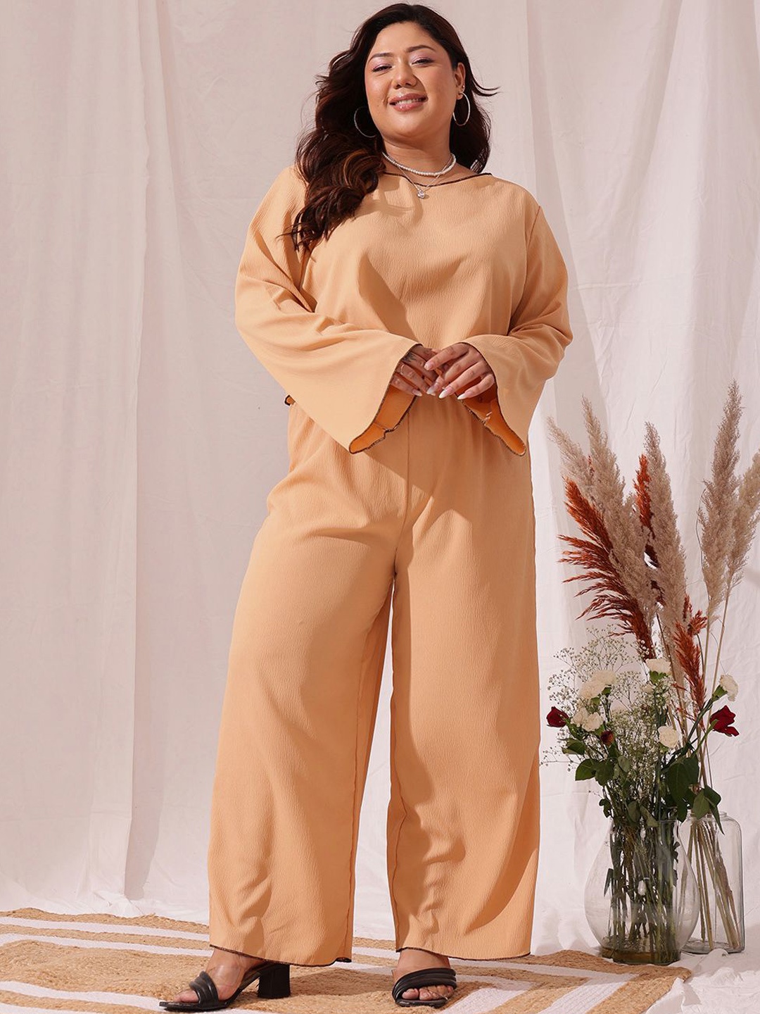 

CURVY STREET Plus Size Round Neck Long Sleeves Top With Trousers, Peach