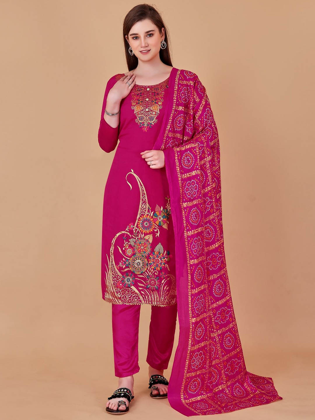

LADY SHOPI Floral Embroidered Unstitched Dress Material, Magenta