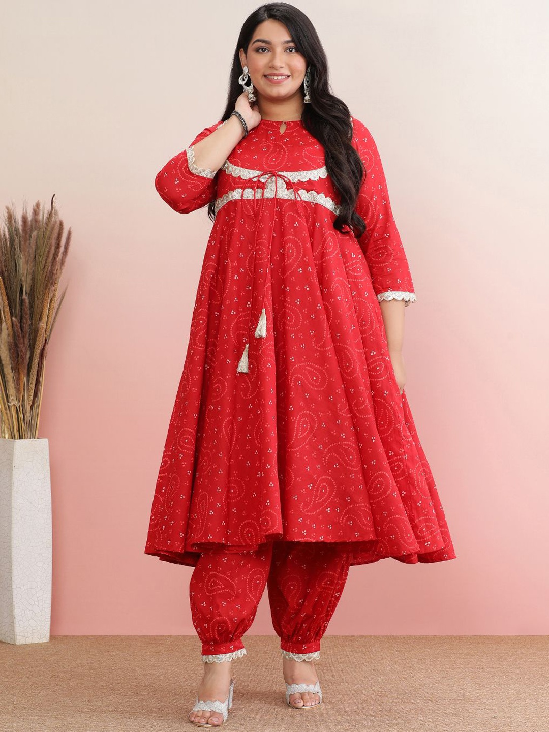 

anayna Plus Size Bandhani Printed Gotta Patti Pure Cotton Anarkali Kurta with Salwar, Red