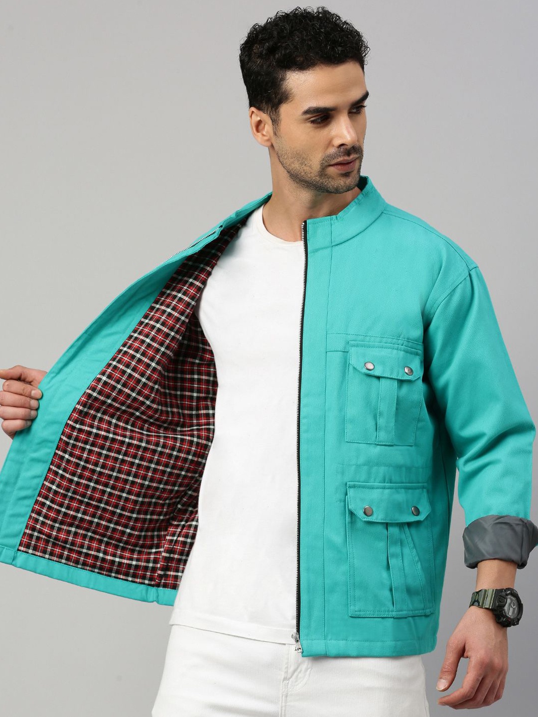 

VOXATI Men Longline Denim Jacket with Patchwork, Turquoise blue