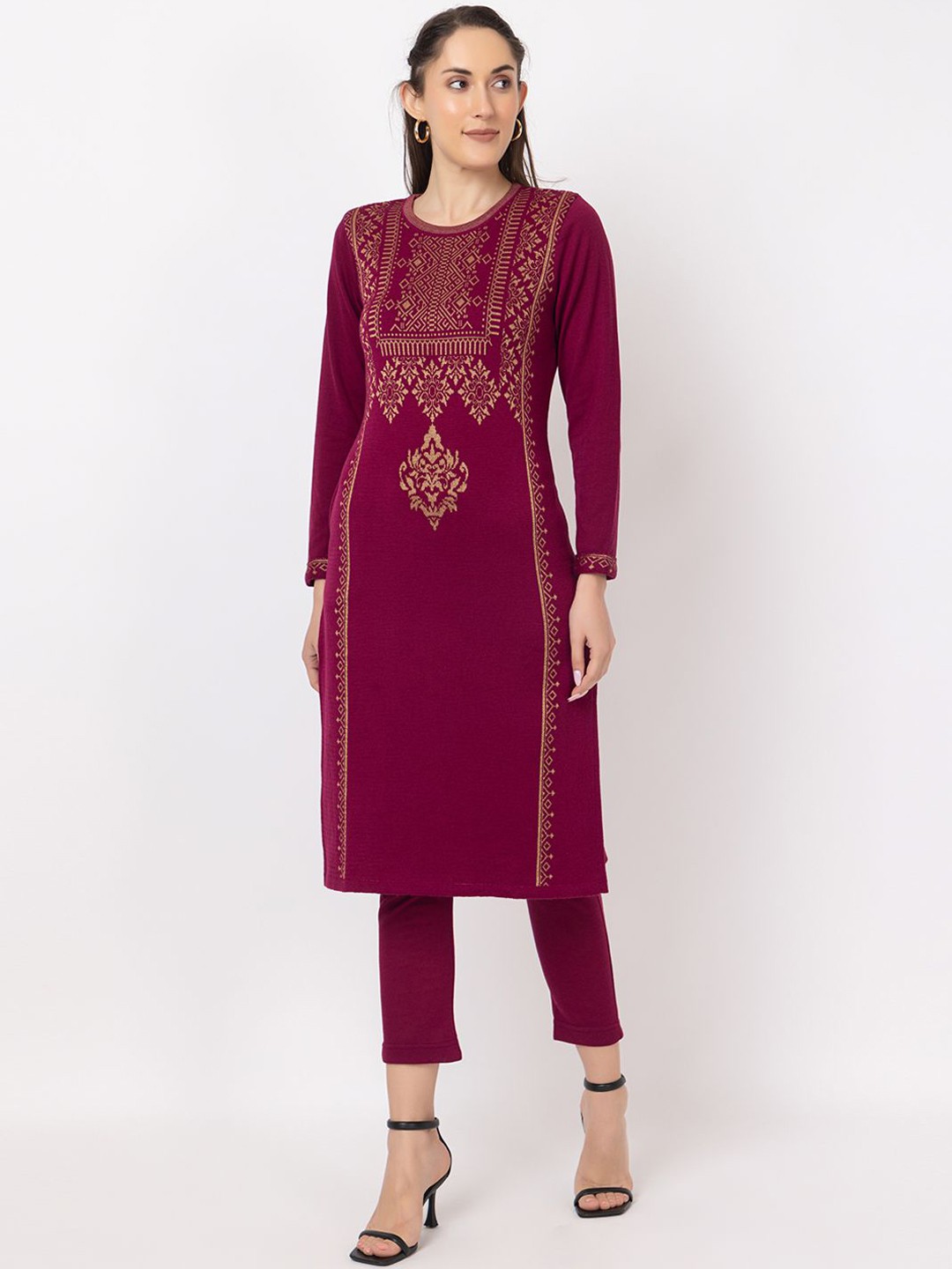

Anouk Women Ethnic Motifs Flared Sleeves Thread Work Jacquard Winter Wear Kurta, Purple