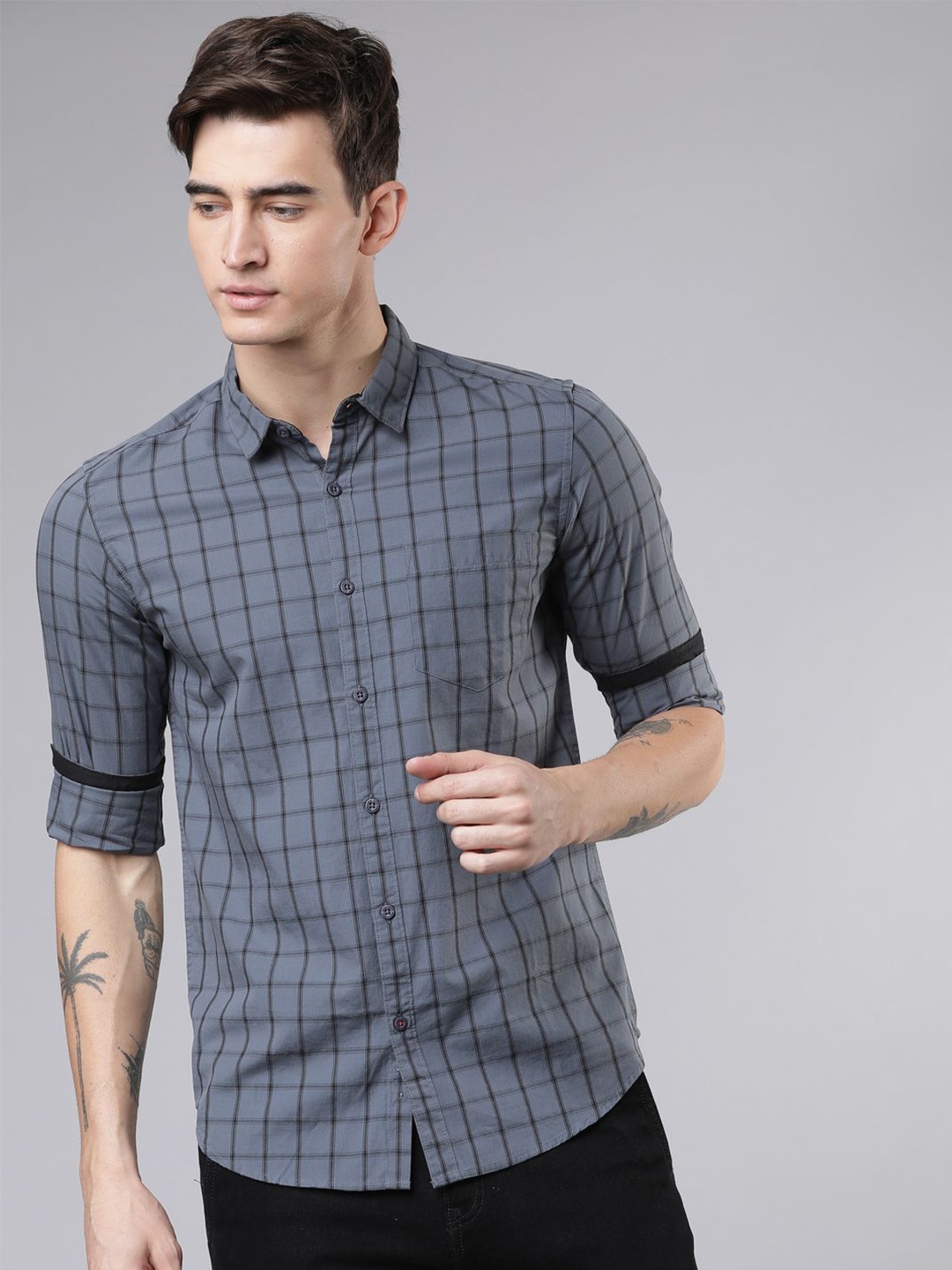 

HIGHLANDER Men Slim Fit Tartan Checks Opaque Checked Casual Shirt, Grey