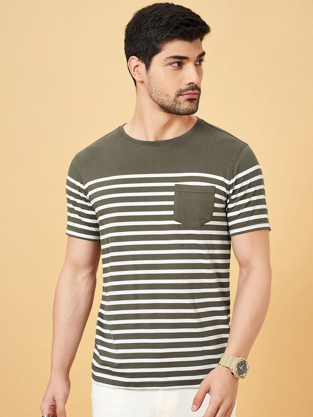 

SF JEANS by Pantaloons Men Striped Round Neck Cotton Slim Fit T-Shirt, Olive