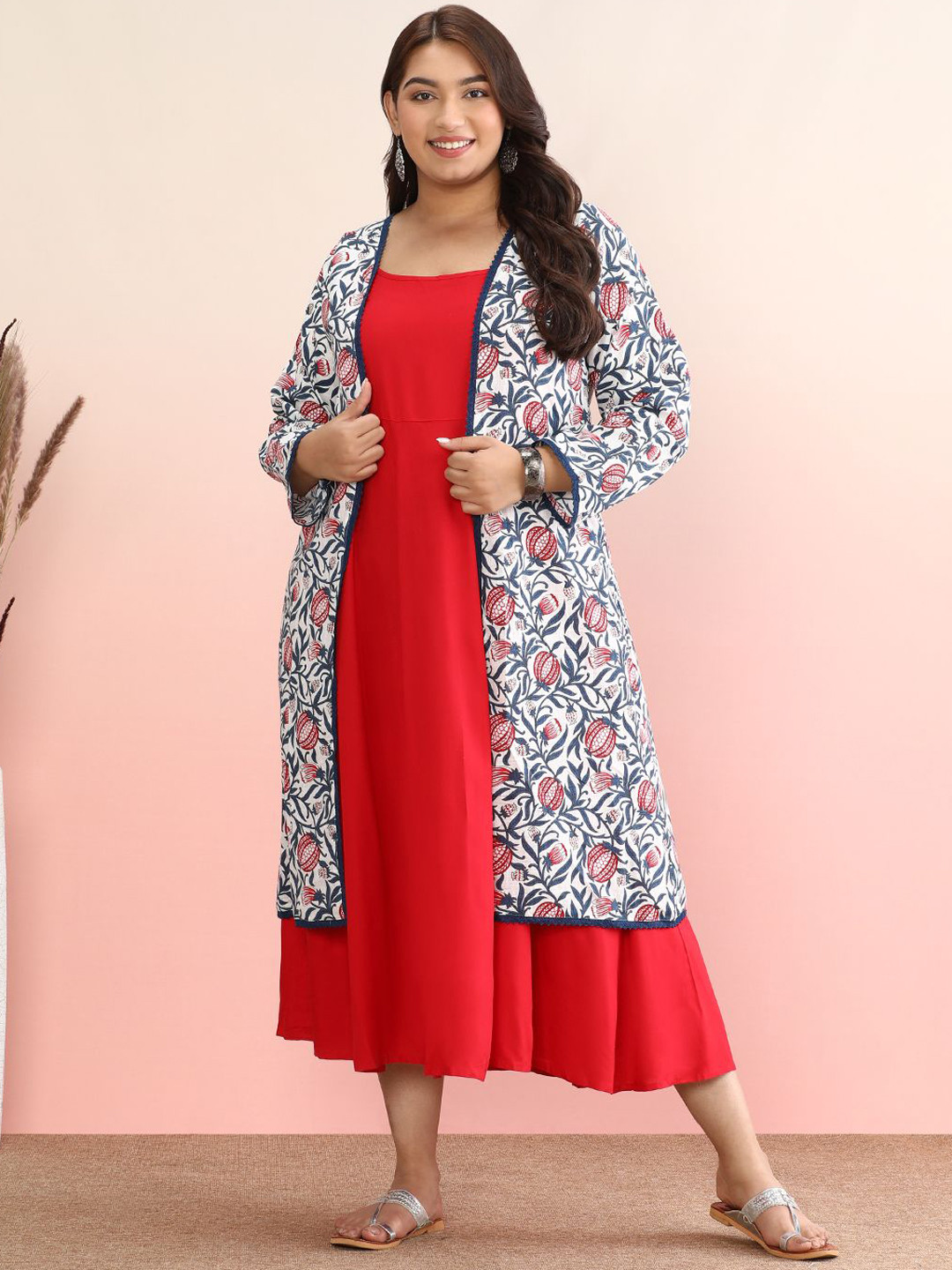 

anayna Plus Size Round Neck A-Line Ethnic Dress With Jacket, Red