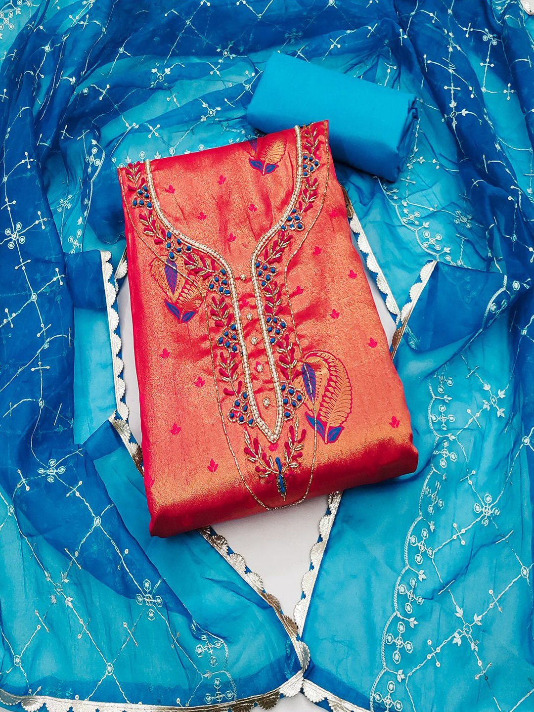 

Lilots Raw Silk Unstitched Dress Material, Red