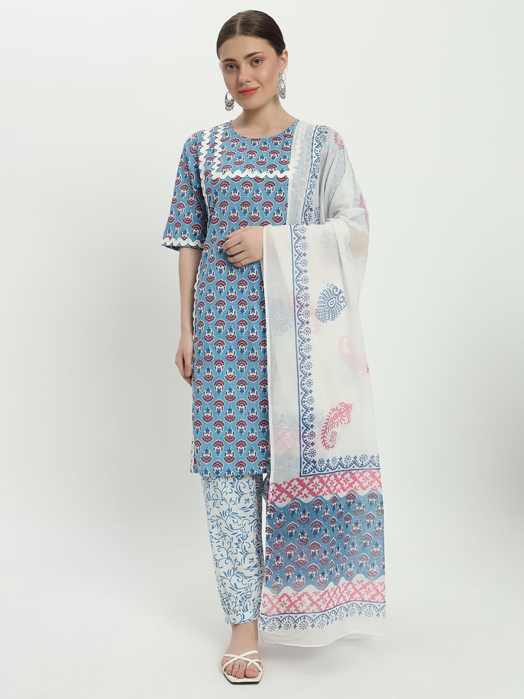 

FABNEST Floral Printed Regular Pure Cotton Kurta with Trousers & Dupatta, Blue