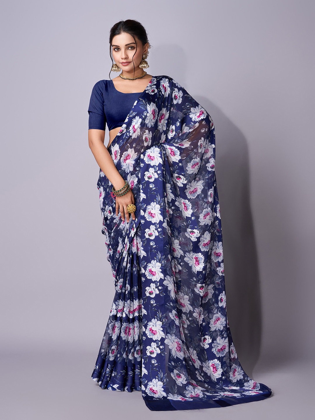 

Sanwariya Silk Floral Satin Saree, Navy blue