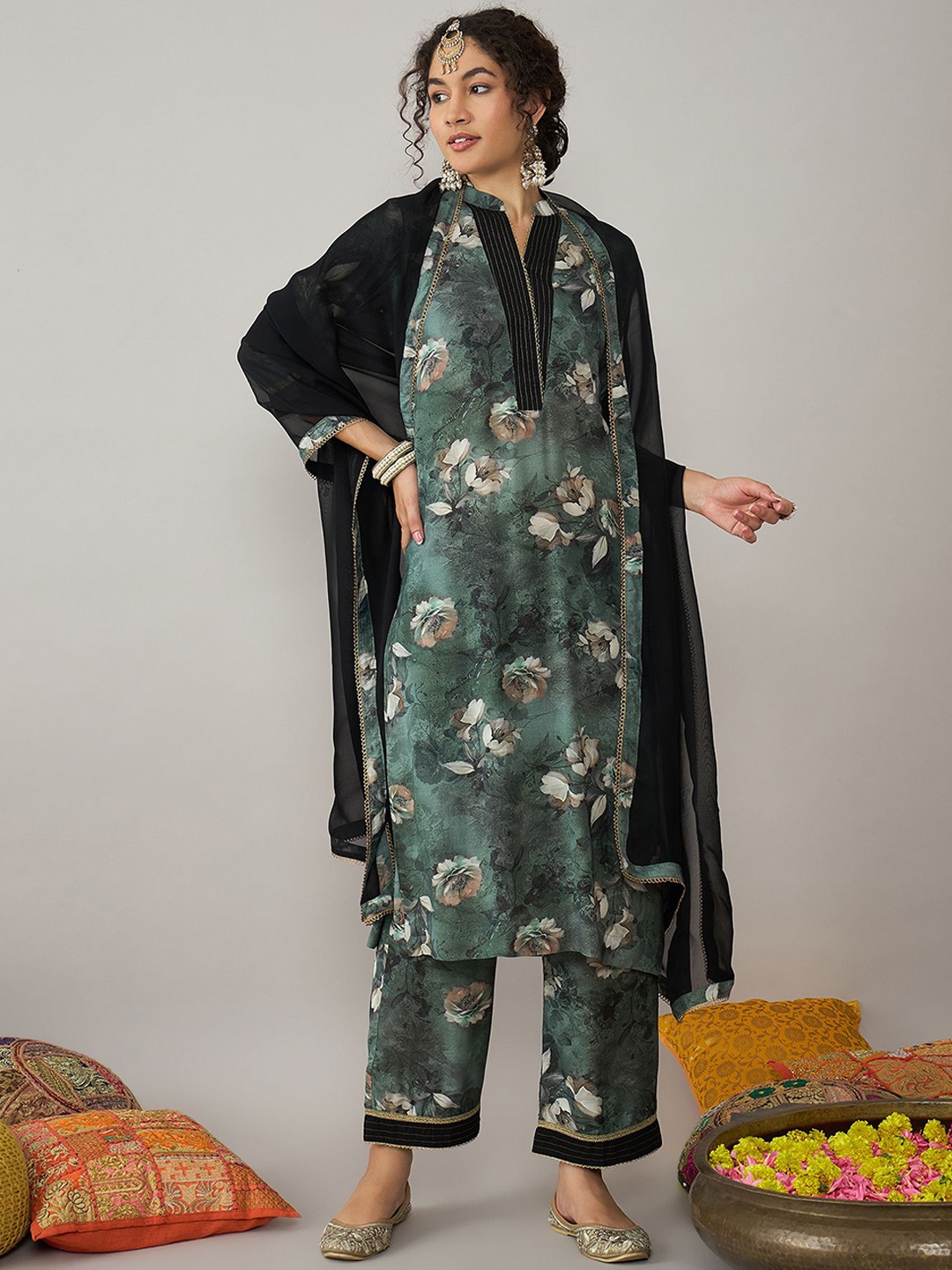 

STADO Floral Printed Organic Cotton Kurta with Trousers & Dupatta, Green