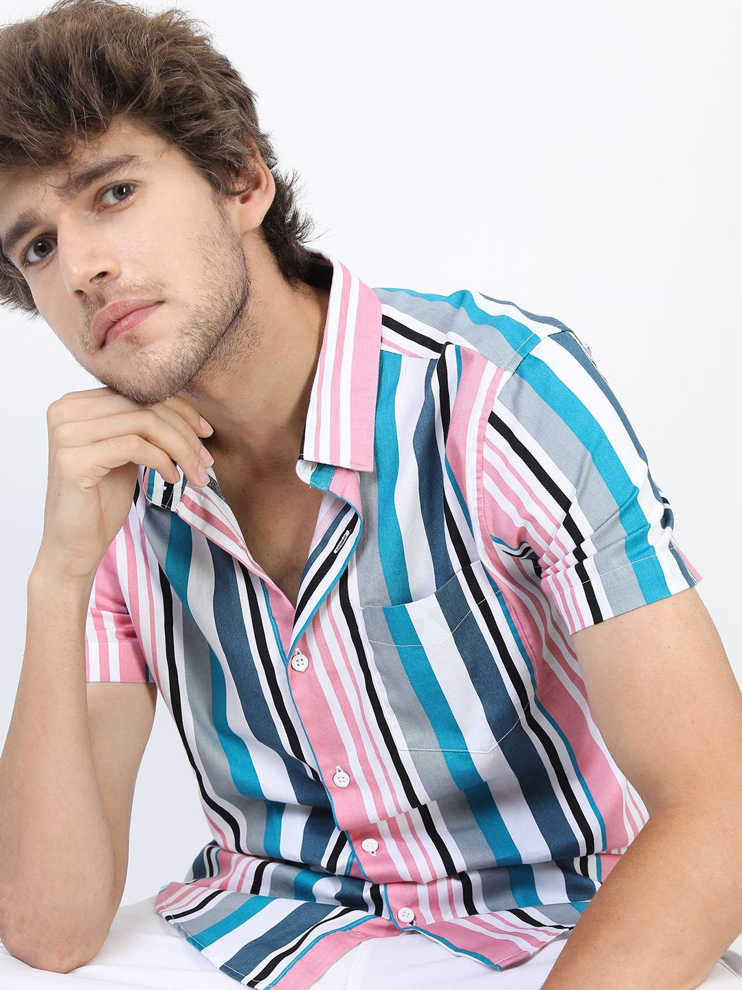 

HIGHLANDER Men Slim Fit Multi Stripes Opaque Striped Casual Shirt, Teal