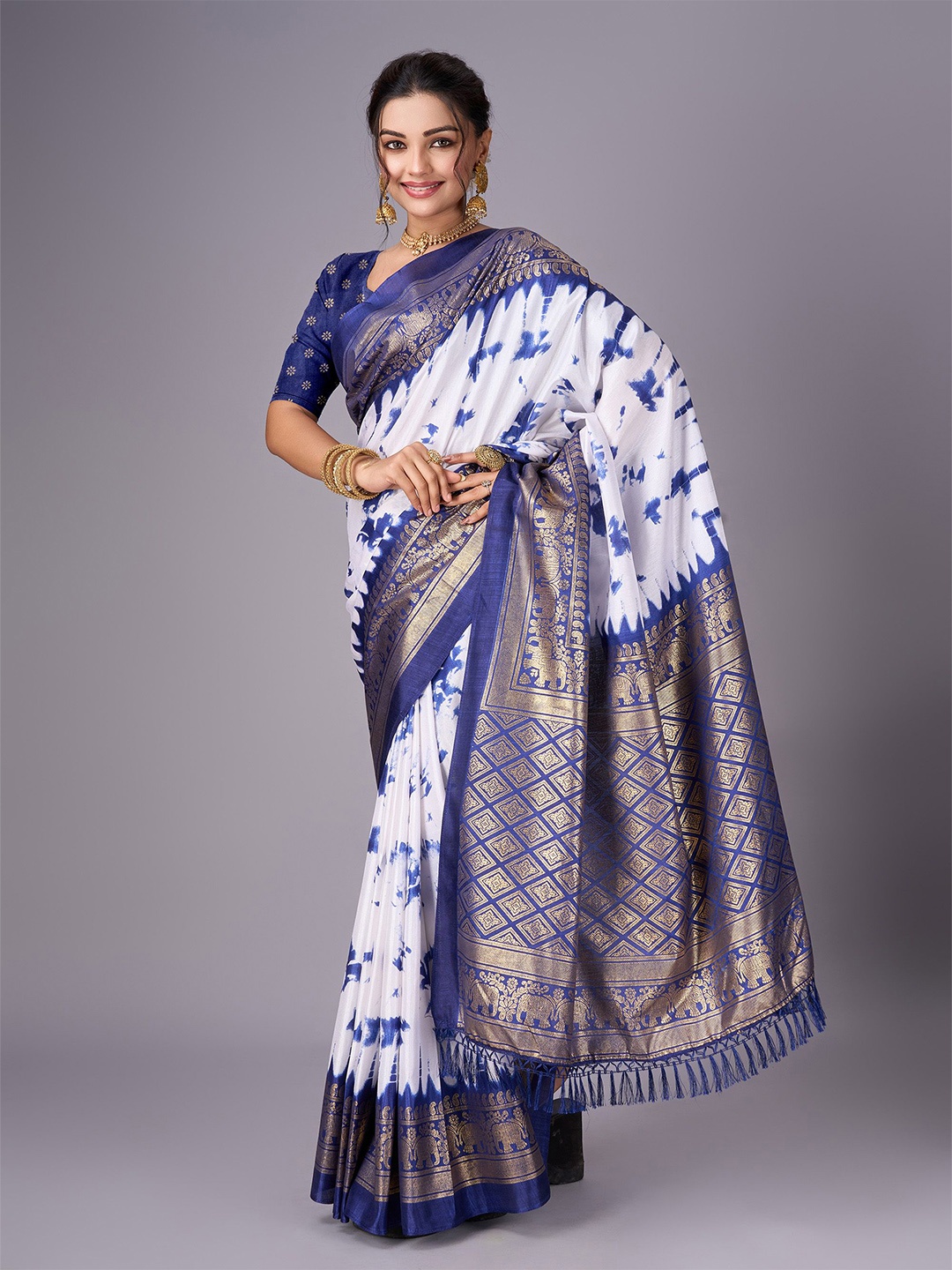 

Sanwariya Silk Tie and Dye Zari Art Silk Chanderi Saree, Navy blue