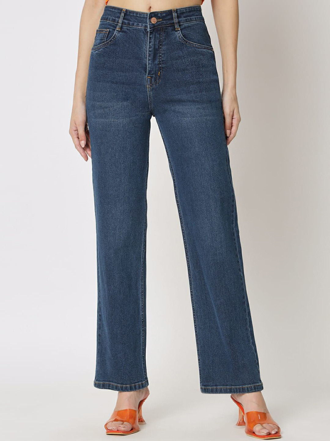 

FASHIONFIBRE Women Straight Fit High-Rise Light Fade Stretchable Jeans, Blue
