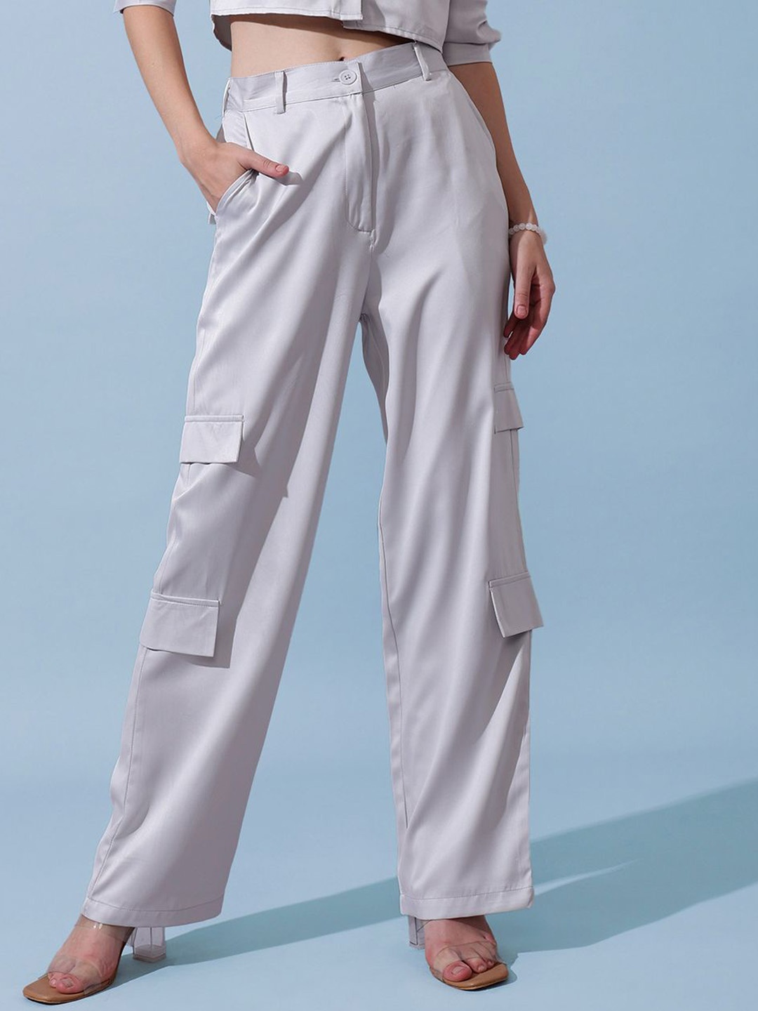 

STREET 9 Women Relaxed Loose Fit High-Rise Trousers, Silver