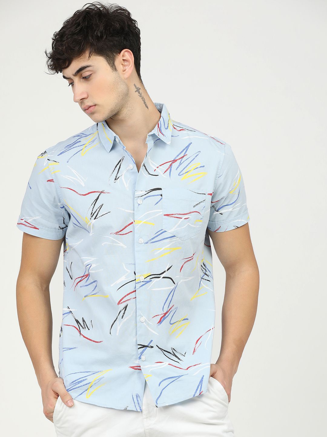 

HIGHLANDER Men Slim Fit Opaque Printed Casual Shirt, Blue