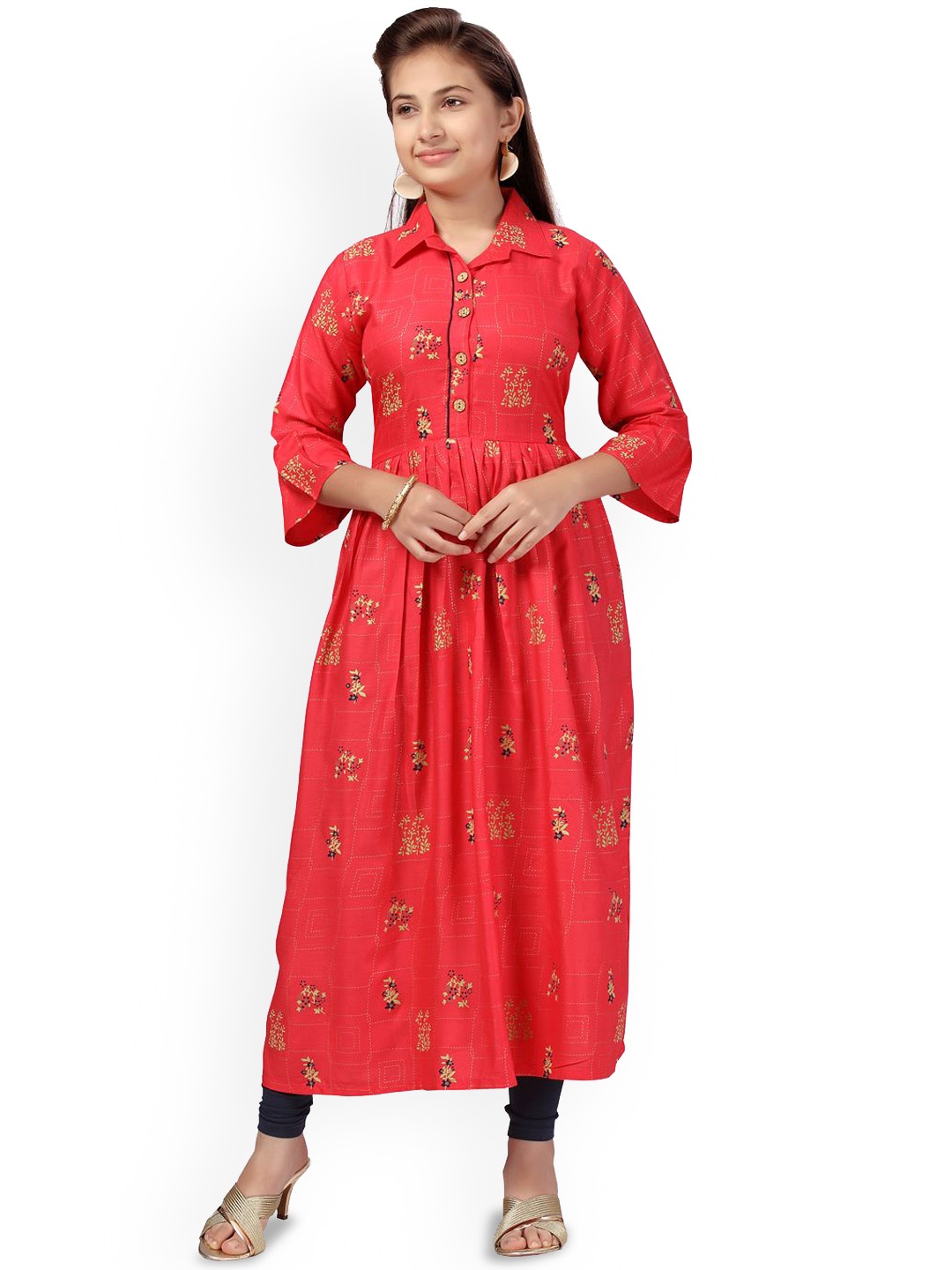 

BAESD Girls Floral Embroidered Shirt Collar Zari Cotton A-Line Kurta, Red