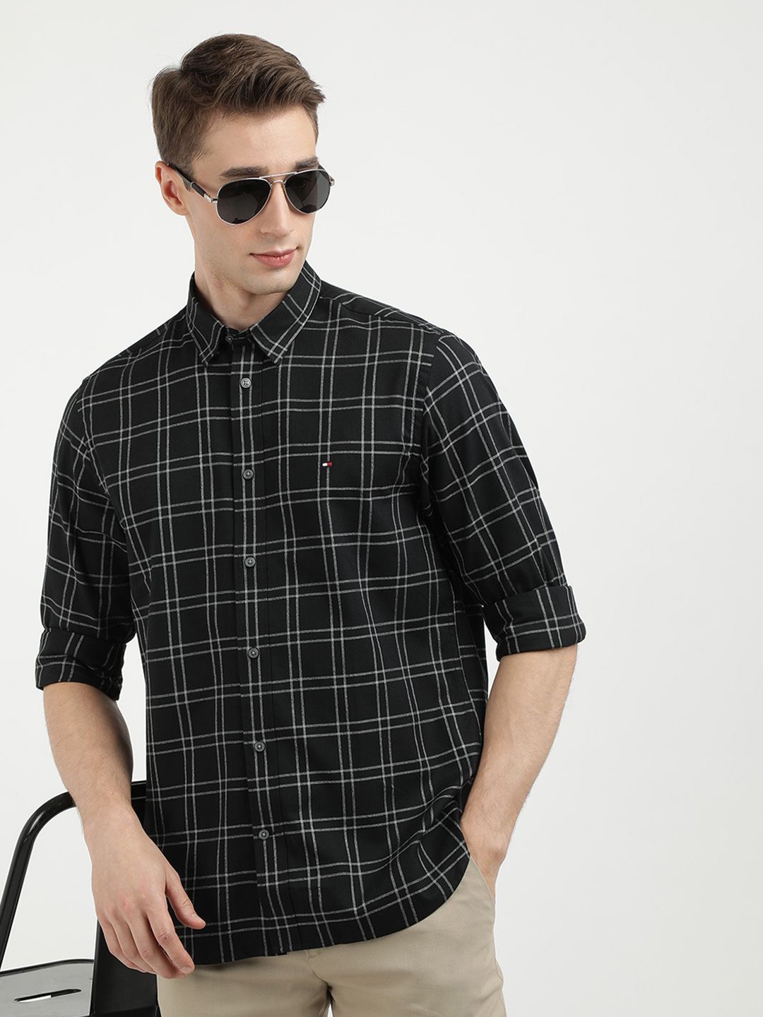 

Tommy Hilfiger Men Spread Collar Tartan Checked Cotton Casual Shirt, Black